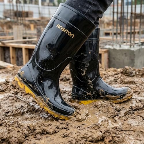 Image of Men's Black Waterproof PVC Slip - On Rain Boots - High & Mid Calf Styles, Ideal for Outdoor, Garden, Farm, Mud & Fishing, Comfortable, Durable, Easy to Clean