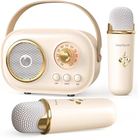 Mini Karaoke Machine,White Elephant Gifts,Stocking Stuffers for Teen,Christmas Gifts for 3-12+ Years Old, Portable Bluetooth Speaker with Wireless Microphone for Kids Boys Girls-Beige Cover