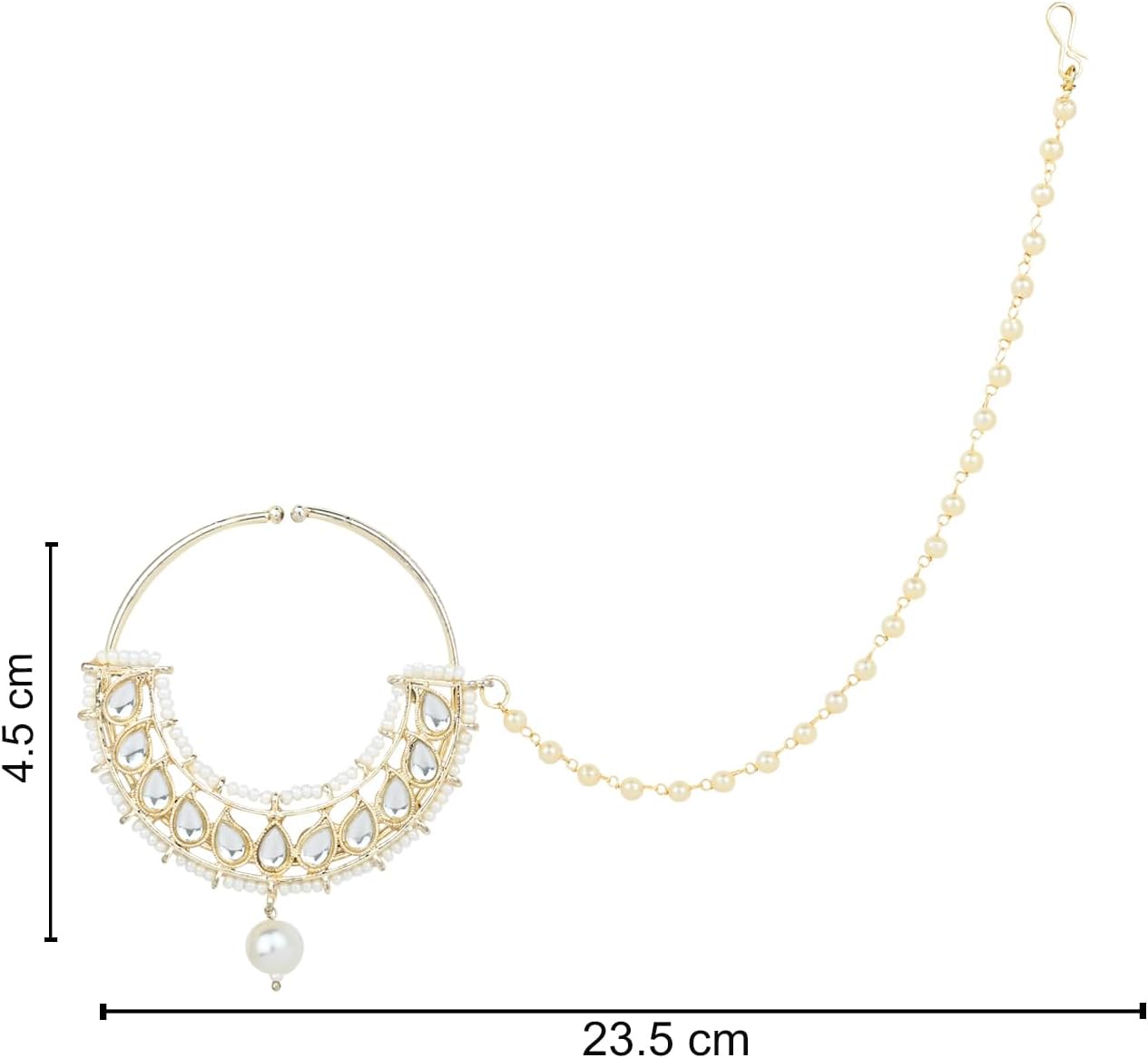 I Jewels Bollywood Gold Plated Ethnic Bridal Nose Ring/Nath Without Piercing with Pearl Chain Encased with Pearl Stone for Women/s