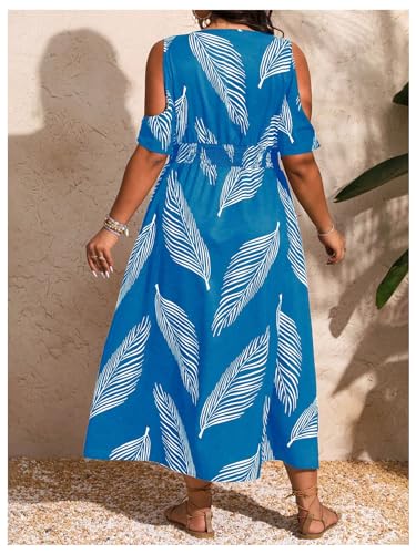 Image of Floerns Women's Plus Size Cold Shoulder Tropical Print V Neck Flared A Line Long Dress