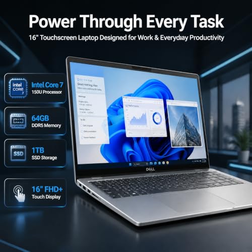 Image of Dell 16 DC16251 Touchscreen Laptop, Intel 10-Core Core 7 150U (Up to 5.4 GHz), 16 inch FHD+ IPS 300 Nits Display, 64 GB DDR5 RAM, 1 TB SSD, Copilot AI, Fingerprint, Backlit KB, Wi-Fi 6E, Windows 11 Pro