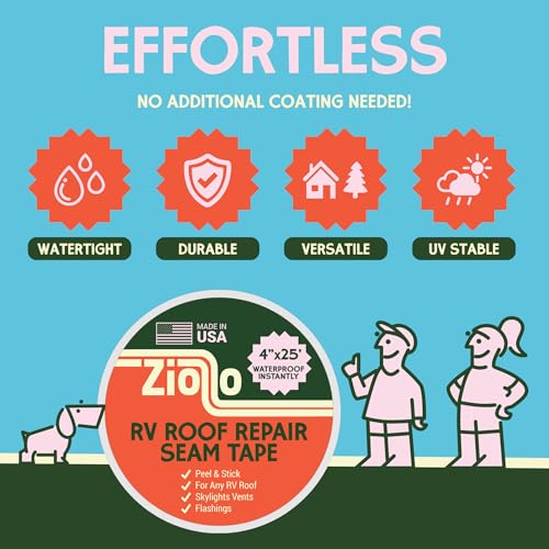 Ziollo RV Roof Repair Seam Tape with Roller - 4\" x25\' Waterproof Tape for Campers, Motorhomes & Trailers - Works on EPDM, TPO, Metal & Fiberglass (White)