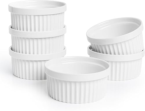 Sweese Juego de 6 moldes de 12 onzas, aptos para horno, crema Brulee Ramekins, juego de ramiken de porcelana, plato para soufflé, tazas de natillas