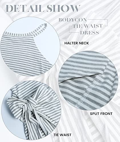 Image of NOLLSOM Women Casual Sleeveless Striped Tank Midi Dresses Halter Neck Ruched Bodycon Dresses Tie Waist T Shirt Summer Dress