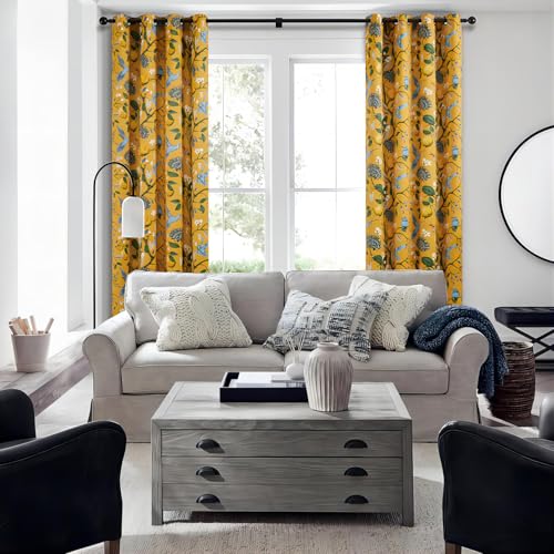 Image of Extra Long 120 Inches Curtains for Large Window Luxury Mustard Yellow Floor To Ceiling Blackout Vintage Floral Hummingbird Fancy Grommet Drop Cloth Damask Drape for Living Room Dining 2 Pages 10 FT