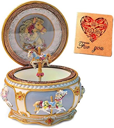 Briskfeel Classical Carousel Horse Music Box LED Lights Twinkling Resin Carved Collectible Mechanical Musical Box with Sankyo 18-Note Horse Rotates with Music