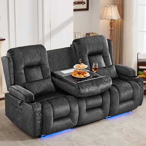Image of URRED Power Loveseat Recliner Sofa with Massage and Heat, Wall Hugger Reclining Loveseat with Console, RV Couch Home Theater Seating with LED Lights for Living Room (Dark Grey, 76.8 inch - 3 Seats)
