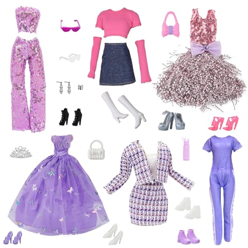 28 Puppen Kleidung, Fashion Kleidung und Zubehör für Puppen Pailletten Outfits Kleider 6-Teiliges Party Kleid 8 Paar Schuhe und Handtaschen Ohrringe Kronen Wasserflaschen für 11.5 Zoll Mädchen Puppen
