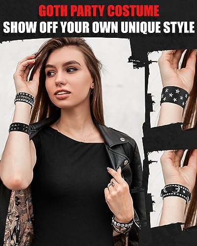 Hicarer 9 Pieces Spiked Studded Bracelet Black Leather Rivet Punk Bracelet Cuff Wrap Bangle Snap Button Metal Wristband for Men Women