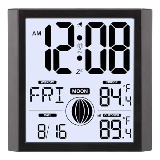 Atomic Wall Clock with Indoor Outdoor Temp Backlight Battery Operated Moon Phases Large Number Display 8.8 inch Digital Desk Setting Alarm Clock for Kitchen Office Living Room Bedroom Bathroom