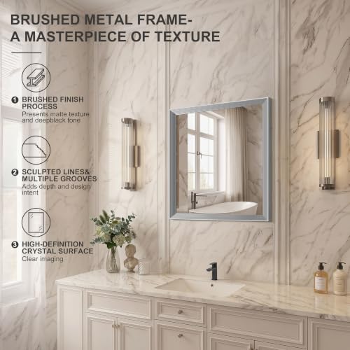 Image of DESBING 24 inchx24 inch Silver Bathroom Mirrors for Over Sink | Tempered Glass, Metal Frame, Rectangle Vanity Wall Mirror for Bathroom, Living Room, Bedroom, Horizontally or Vertically