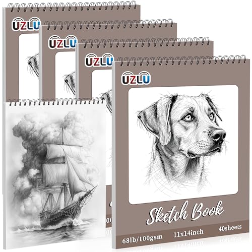 UZLU 4 Pcs Sketch Books Bulk 11 x 14 in 160 Sheets Top Spiral Bound Sketch Pad Drawing Paper 40 Sheets Each Acid Free Mixed Media Sketchbook 68lb/100gsm Art Supplies for Beginner Artist