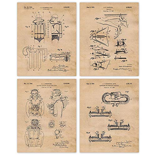 Classic Scuba Diving Patent Prints, 4 (8×10) Unframed Photographs, Wall Artwork Decor Presents Below 20 for Residence Workplace Storage Store Man Cave Fitness center Scholar Instructor Diver Instructor Coach Lake Seashore Ocean Snorkeling Fan