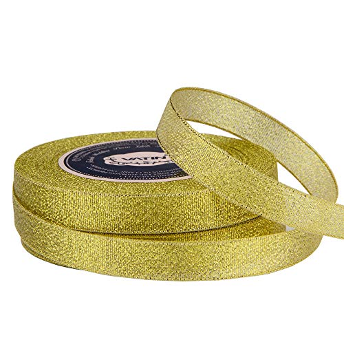 Vatin Glitter Metallic Gold Ribbon 5/8 Inches Wide Sparkly Fabric Gorgeous Ribbon For Gift Crafters Wedding Party Brithday Wrap Hair Bows Floral Projects 25 Yards/Roll X 2 Rolls #TOP4