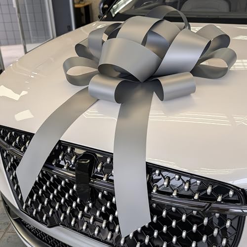 Image of CarBowz Big Car Bow for Decorations and Birthday Gifts, Large Ribbon, Magnet, Sticker Included, Fully Assembled 30 inch Wide Huge Bow, No Suction Cup Needed (Silver)