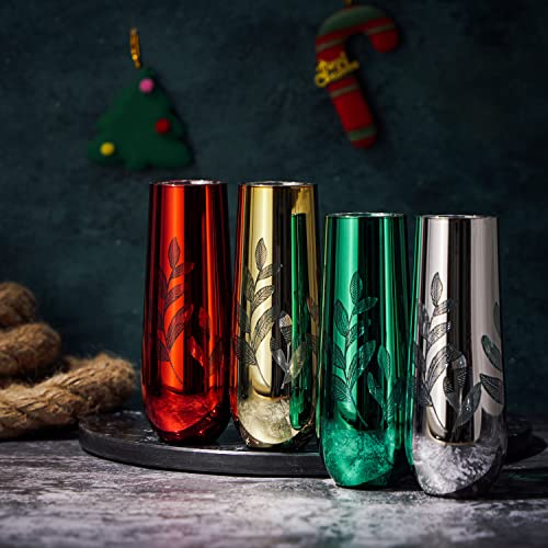 Multicolor 4-Piece Tree Stemless Wine & Water Glasses - Shining Red Green Yellow Silver, Perfect For Parties, Glass Trees Decor, Kitchen Home Decorations (Flutes) #TOP4