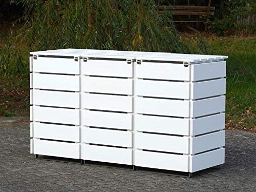 Set di 3 contenitori per bidoni della spazzatura, 120 l, in legno, colore: bianco