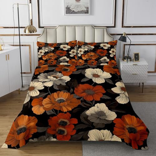 Erosebridal Watercolor Floral King Bedspread Set Red Beige Flower Quilt Set, Botanical Plant Theme Coverlet Set Oil Painting Aesthetic Bedding Set for Kids, Summer Tropical Leaves Bed Cover