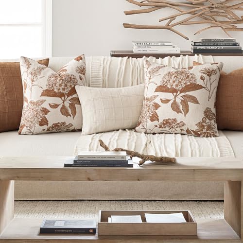 Image of Foindtower Set of 2 Linen Floral Throw Pillow Covers Vintage Accent Print Decorative Cozy Cushion Covers Farmhouse Boho Home Decor for Sofa Chair Couch Bedroom Living Room,20x20 Inch,Autumn Orange