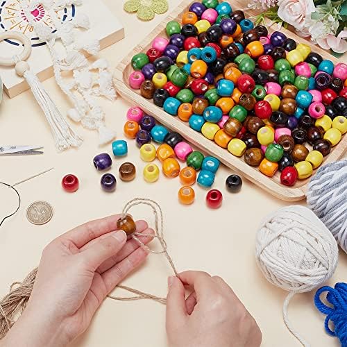 PandaHall 200pcs Colored Wooden Beads, 10 Colors Wood Barrel Beads 16.5mm Colorful Loose Beads with 6mm Large Hole for Macrame Bracelet Necklace DIY Craft Christmas Jewellery Making