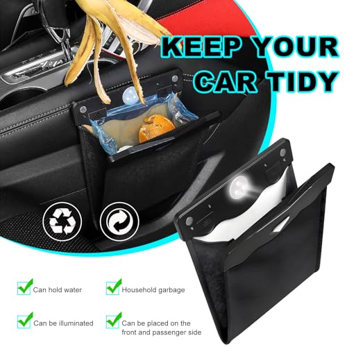 Image of Yourkar Car Hanging Trash Can, Magnetic Closure LED Light Auto Trash Bag Storage Pocket, Collapsible Waterproof Leather Hanging Trash Can with Disposable Trash Bag, Car Accessories (Black)