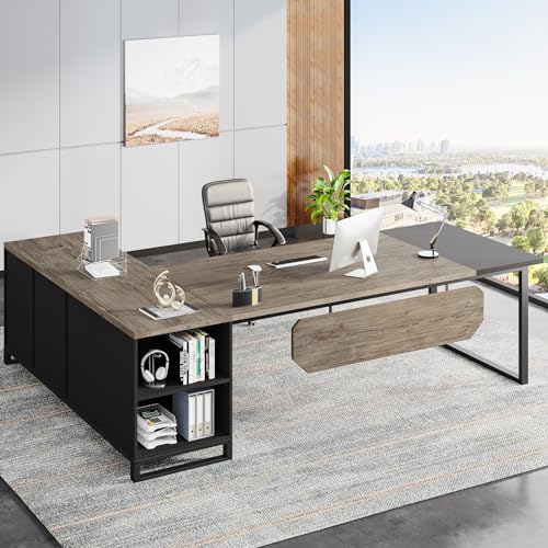 Image of Tribesigns 70.8 inch Executive Desk with 55 inch File Cabinet, Industrial L Shaped Computer Desk with Storage Shelves and Cabinet, Large L Shaped Executive Desk for Home Office, Retro Gray & Black