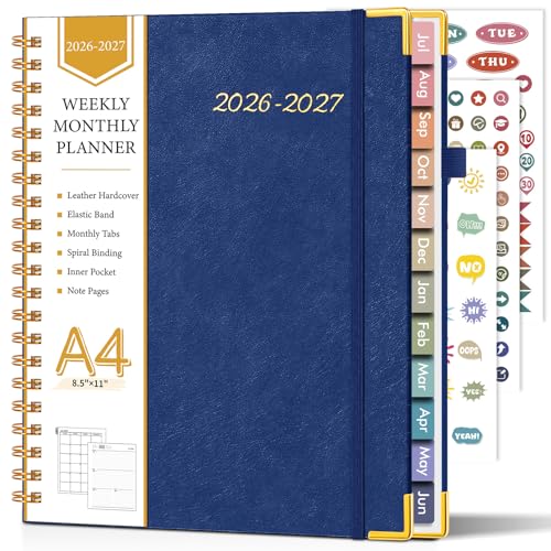 Agenda académica 2026-2027, agenda semanal y mensual de cuero con tapa dura de julio de 2026 a junio de 2027, agenda diaria A4 de 21,6 x 27,9 cm con pestañas, organizador escolar universitario para