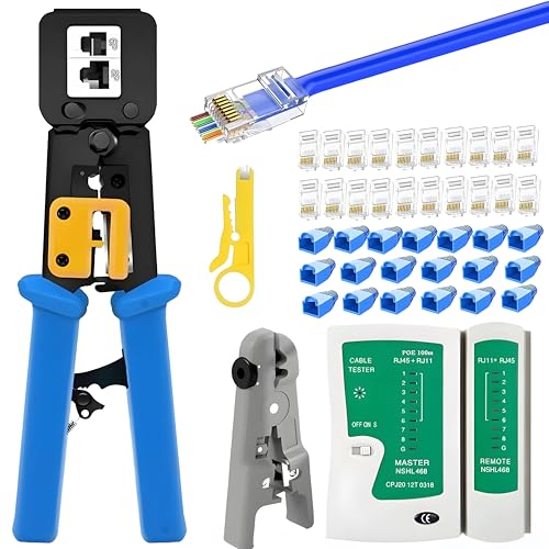 Image of COOLCOLD Crimping Tool RJ45 | Tools Kit, Pass Through Cat5 Cat5e Cat6 Professional Heavy Duty Crimping tool with Lan Tester, Universal Wire Stripper, 20pc Rj45 Connector, 20pc Boot, Wire Cutter