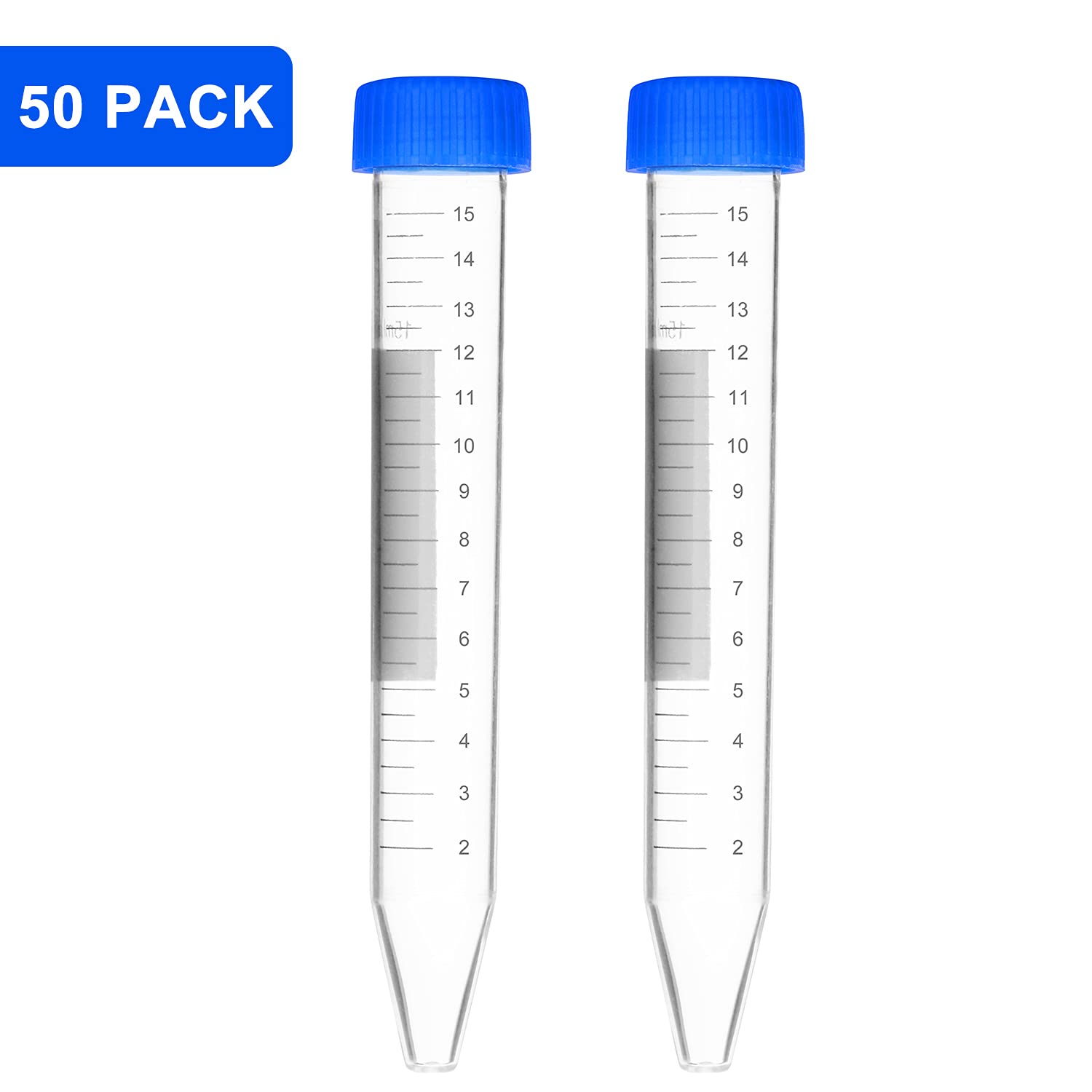 stonylab Micro Provette per Centrifughe, Plastica Trasparente Graduata di Polipropilene da 15ml con Tappo Piatto, Provette da Laboratorio Conical Centrifuge Tubes (15ml, 50 Packs)