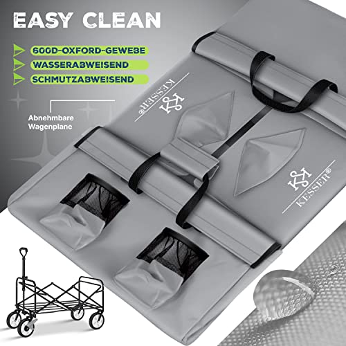 KESSER® Bollerwagen faltbar Handwagen Transportkarre max. 150kg Tragkraft & 360° PVC-Reifen Gerätewagen inkl. 2 Netztaschen, Seitentasche & Abdeckung Transportwagen Gartenanhänger ohne Dach, Grau