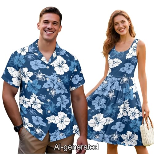 Image of Dreaweet Summer Dresses for Women A-Line Sleeveless Flowy Sun Dresses,Men's Casual Button-Down Shirts,Couple Matching Outfits