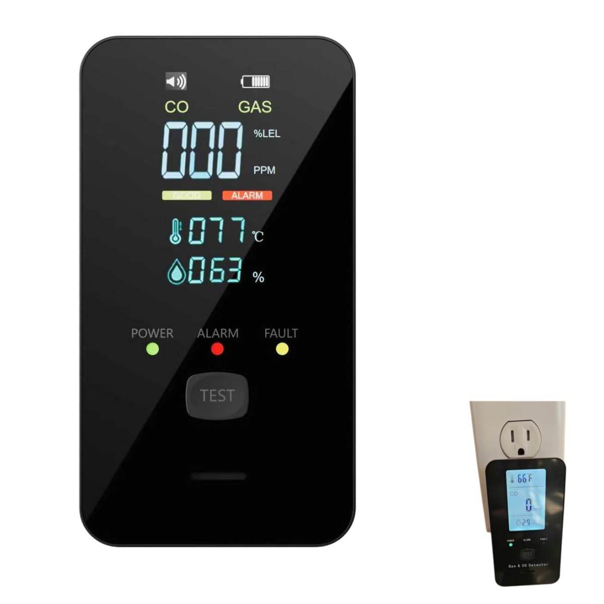 Rilevatore di Monossido di Carbonio 4-in-1, Rilevatore Gas Naturale da Spina con Doppio Allarme, Sensore CO e Perdite Gas, Display LCD HD per Casa Camper Hotel Appartamento (nero)