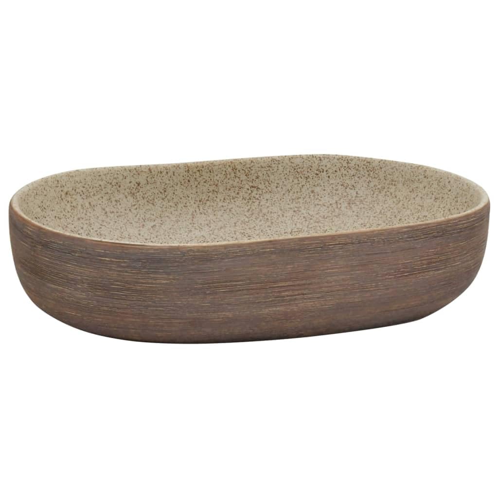 vidaXL Countertop Basin, Above Counter Bathroom Sink, Wash Basin for Lavatory Cloakroom Office, Vessel Sink, Sand and Brown Oval Ceramic