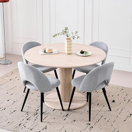 DEYARNA HOME Juego de Mesa de Comedor Redonda con 4 Sillas, Conjunto Mesa (Textura de Travertino Amarillo) y Sillas de Comedor para Cocina, Restaurante y Oficina (Gris+Beige)