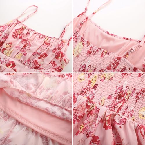 GRACE KARIN Women Strappy Beach Chiffon Dress A Line Ruched Midi Dresses for Summer Beach Pink with Red Flowers M - Image 3