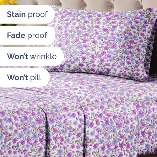 Image of Twin 3 Piece Floral Sheet Set - Soft, Breathable & Cooling - Purple Bloom | 1 Flat, 1 Fitted & 1 Pillowcase w / Deep Pockets, Boho Botanical Floral Bedding, Breathable & Cooling, Wrinkle & Fade Free