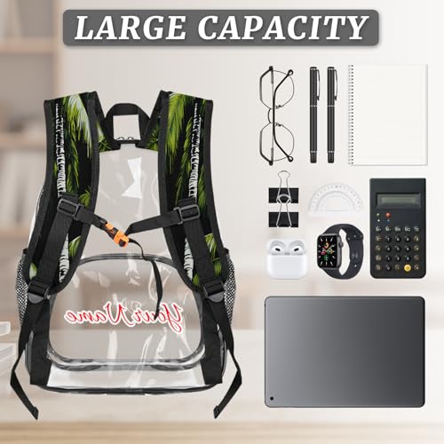 Personalized Small Clear Backpack Stadium Approved Heavy Duty PVC Plastic Custom Transparent Backpacks See Through Bag with Name, Tropical Plants Beach Palm Trees3