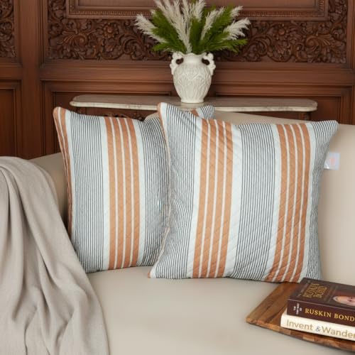 Image of STITCHNEST 'QuadraNest' Series Printed Quilted Velvet Cushion Cover 16x16 Inch Set of 2 | Premium Soft Fabric, Washable & Fade Resistant | Decorative Living Room Cushion Covers| Mustard & Grey Stripe