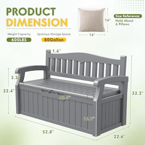 Image of Greesum 80 Gallon Storage Bench Outdoor Deck Box with Armrest, Grey