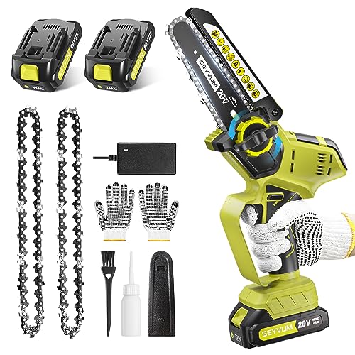 SEYVUM Mini Chainsaw Cordless, 6 Inch Portable Electric Cordless Chainsaw Tool-Free Installation[User Friendly], for Tree Trimming Branch Pruning Wood Cutting(2Pcs 2.0Ah Batteries& 2 Steel Chains)
