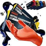 PRESCH Heavy Duty Einweghandschuhe Orange 100 Stk. (L - 9) - Nitrilhandschuhe mit Diamantenstruktur für stärksten Grip - Extra dick & reißfest - Einmalhandschuhe latexfrei & puderfrei