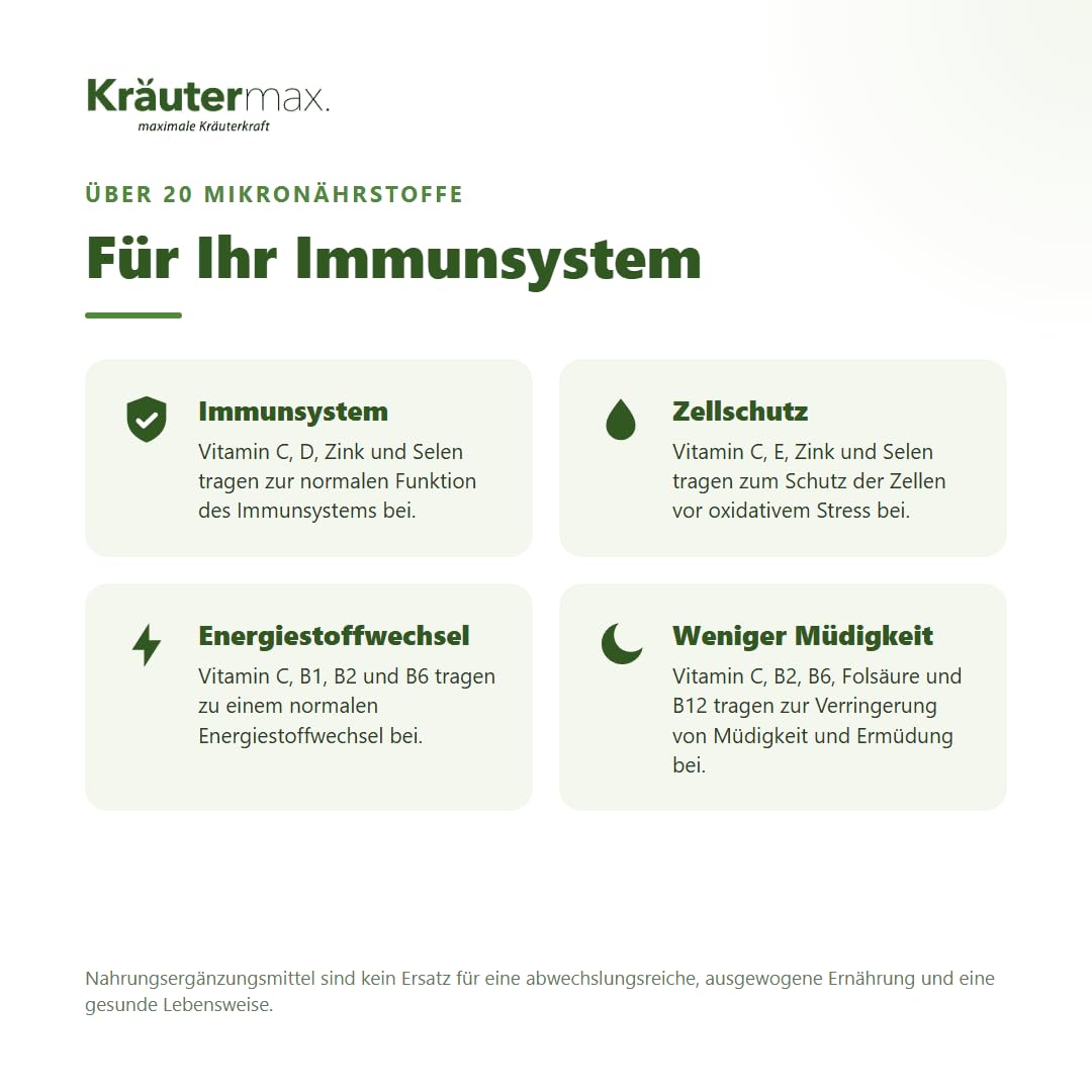 Kräutermax Immunsystem Kapseln, Immun Boost mit pflanzlichen Vitalstoffen, Vitamine, Mineralstoffe und Spurenelemente | 1 x 90 Stück