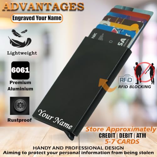 Image of Mini2buy Customized Name Engraved Card Holder for Credit, Debit, ATM Cards Premium Stainless Steel Size Ideal for Personal use or Corporate Gifting (Black Pop-up)