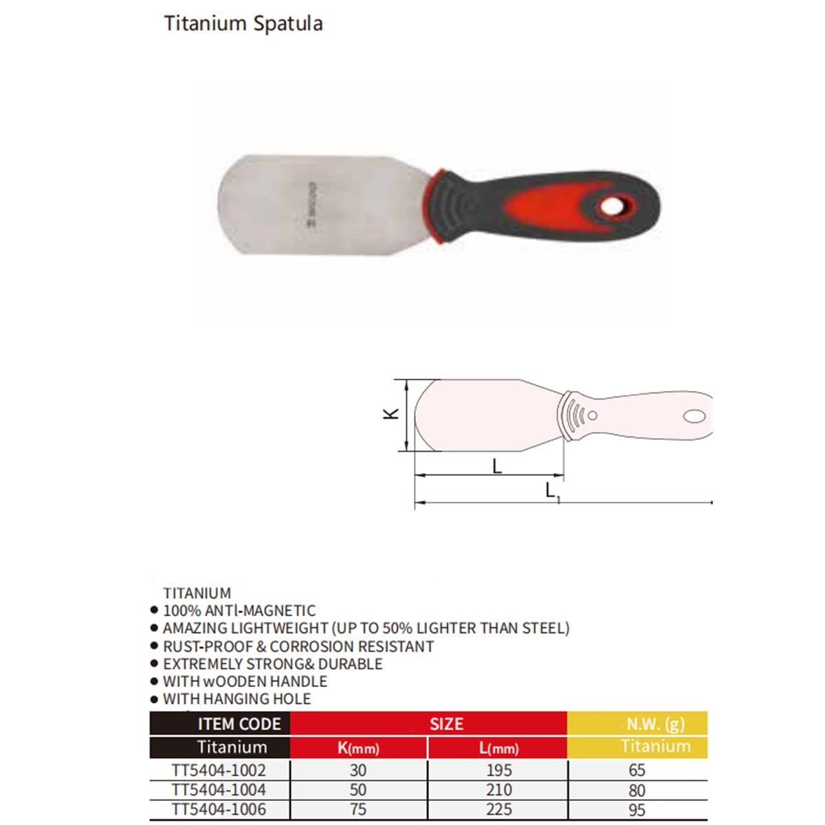 WEDO Spatule en titane pour papier peint et peinture, 100 % anti-magnétique, légère, non magnétique, antirouille, durable et extrêmement solide, résistante à la corrosion, taille 30 mm x 195 mm