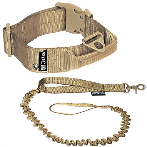Dog Tactical Collar With Leash Bungee Handle Heavy Duty Training Military Army Molle Width 1.5In Plastic Buckle Tag Hole Medium Large M, L, Xl, Xxl (Xl: Neck 16" - 20", Coyote Desert Tan) #TOP2