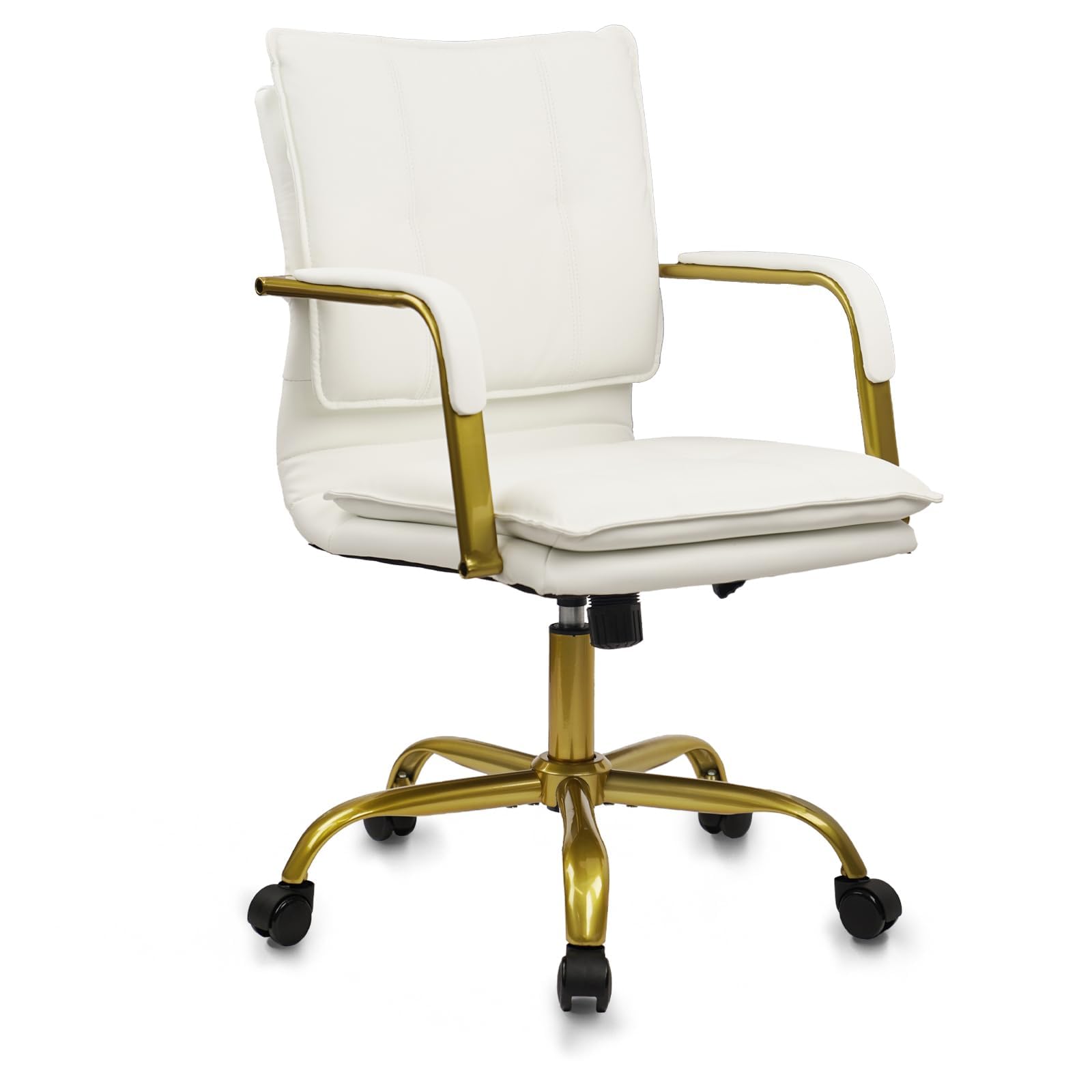 CLATINA Leather Home Office Chair Adjustable Height Executive Chairs with Padded Armrest, Swivel Mid-Back Computer Desk Chair with Gold Legs, Comfy Upholstered Task Chair with Wheels, White