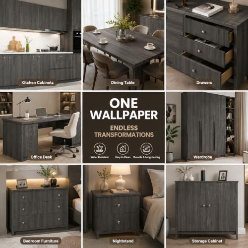 Image of HOME13 Wood Grain Wallpaper Peel and Stick Wood Contact Paper Self Adhesive Removable Thicken Wooden Wall Paper for Kitchen Cabinets Drawer Shelf Liner Waterproof(12x72 Inch, Charcoal Grey)