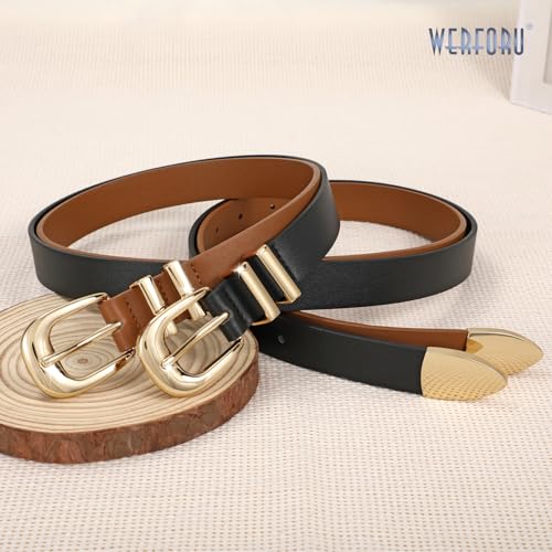 WERFORU 2 Pack Women Leather Belt Fashion Leather Waist Belt for Pants Jean Ladies Western Belt with Gold/Silver Buckle,Fit Waist Size 37-41 Inches,A-black+brown4