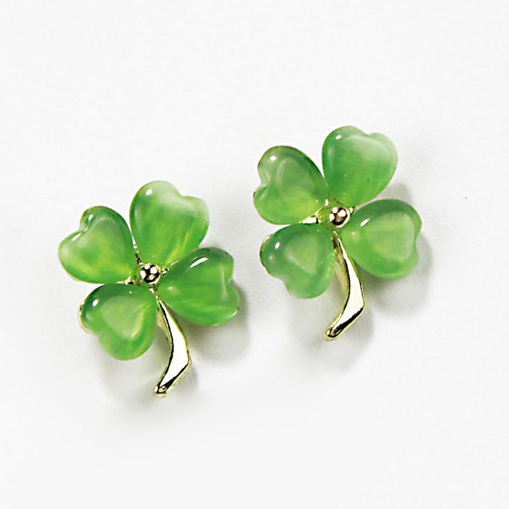 St. Patrick's Day Earrings, Green Four-Leaf Clover Floral Earrings, Lucky Charm Earrings with Gold-Tone Detailing, Colorful Flower Irish Celebration Earrings for Good Luck