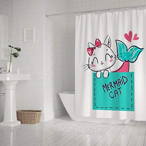 Rideau de douche imperméable en tissu chat sirène polyester 150x180cm - 3